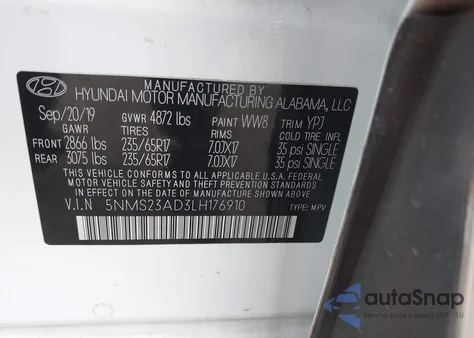 2020 Hyundai Santa Fe Se z USA, uszkodzony, nr VIN 5NMS23AD3LH176910